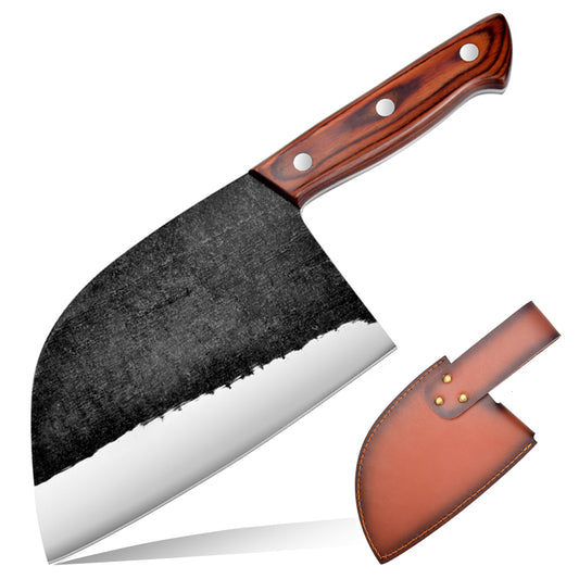 Serbian Chef Knife Outdoor Meat Cleaver Kitchen Butcher Knife 6.7 inch Full Tang with Leather Sheath Boning Viking Knives Multipurpose Grilling Camping Cooking Knife BBQ Tool