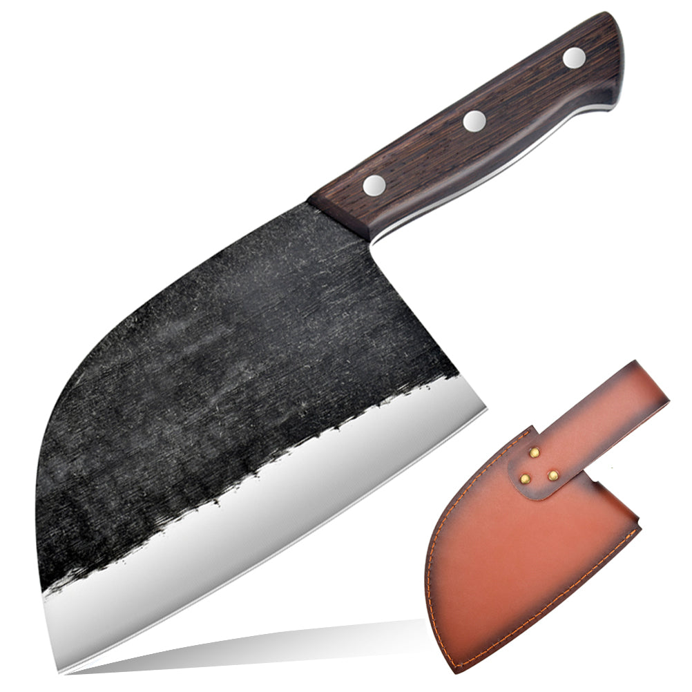 Serbian Chef Knife Outdoor Meat Cleaver Kitchen Butcher Knife 6.7 inch Full Tang with Leather Sheath Boning Viking Knives Multipurpose Grilling Camping Cooking Knife BBQ Tool