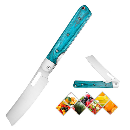 Astylway Camping Kitchen Knife Pocket Chef Knife Home Cook Starter 4 inch Sharp 8Cr14Mov Stainless Steel Blade Blue Wood Handle Japanese Style Folding Universal knife for Outdoor Cooking BBQ