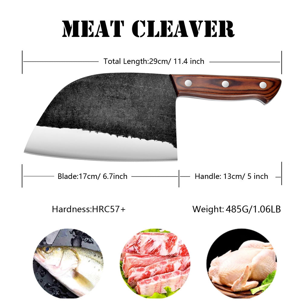 Serbian Chef Knife Outdoor Meat Cleaver Kitchen Butcher Knife 6.7 inch Full Tang with Leather Sheath Boning Viking Knives Multipurpose Grilling Camping Cooking Knife BBQ Tool