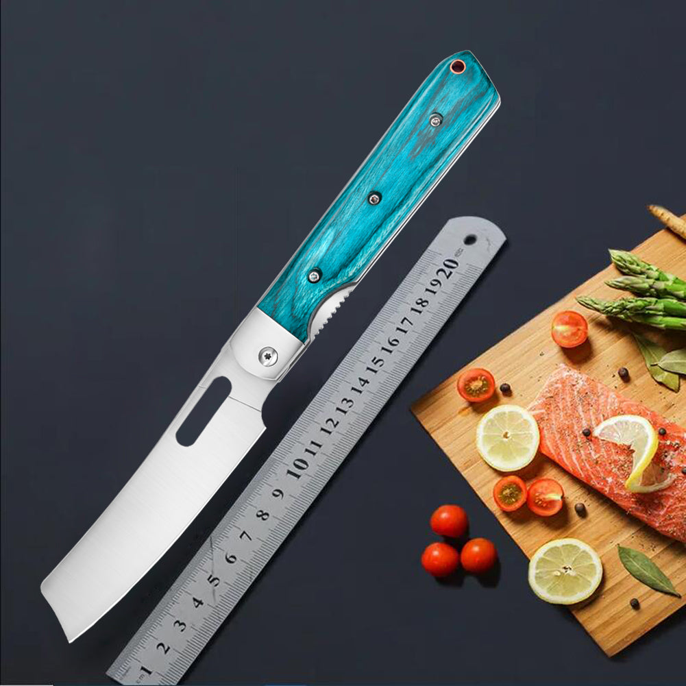 Astylway Camping Kitchen Knife Pocket Chef Knife Home Cook Starter 4 inch Sharp 8Cr14Mov Stainless Steel Blade Blue Wood Handle Japanese Style Folding Universal knife for Outdoor Cooking BBQ