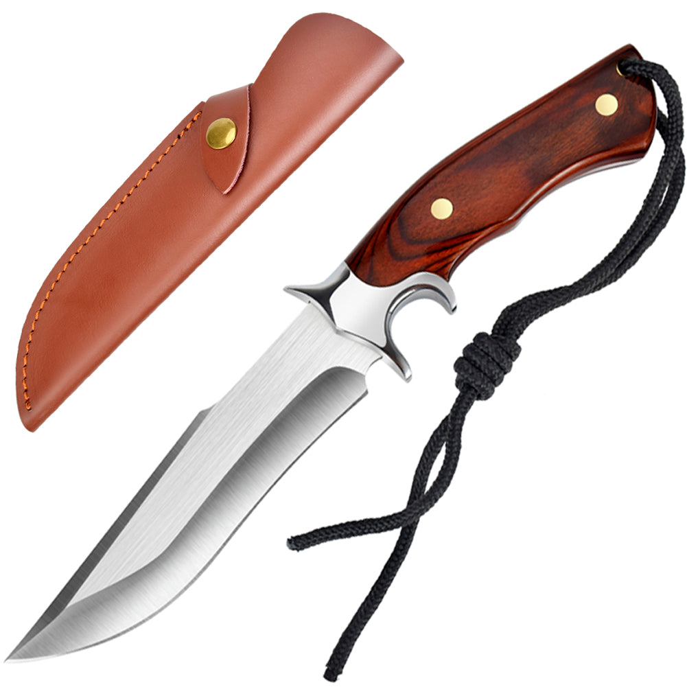 Astylway Outdoor Knife Fixed Blade D2 Steel Knife with Wooden Handle Red Brown Sharp Survival Knife with Leather Sheath for Men Camping Hiking Adventure